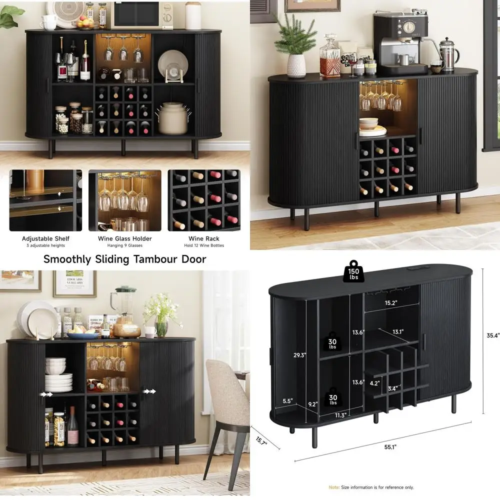 

55" Wine Bar Cabinet with LED Light,Modern Liquor Whiskey Coffee Station with Wine Rack and Glass Holder, Farmhouse Buffet Sideb