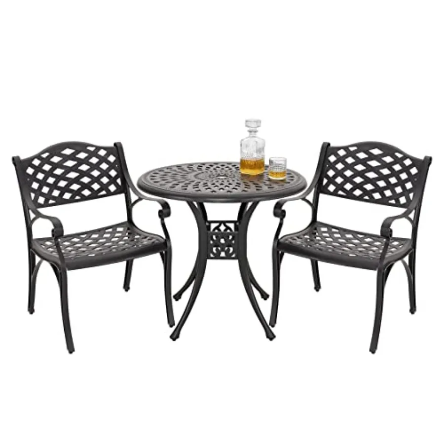 Juego de 3 piezas de mesa y sillas de bistró de aluminio fundido para exteriores, resistentes a la oxidación, con orificio para sombrilla, para patio trasero, balcón o porche delantero.