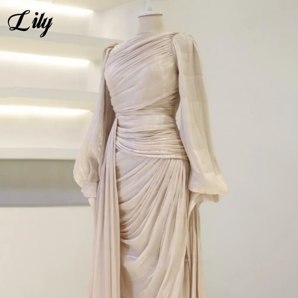 فستان سهرة من الساتان والحرير المتواضع من Lily برقبة دائرية قفطان مغربي وأكمام طويلة للحفلات الراقصة ثنيات حورية البحر فستان دبي مخصص