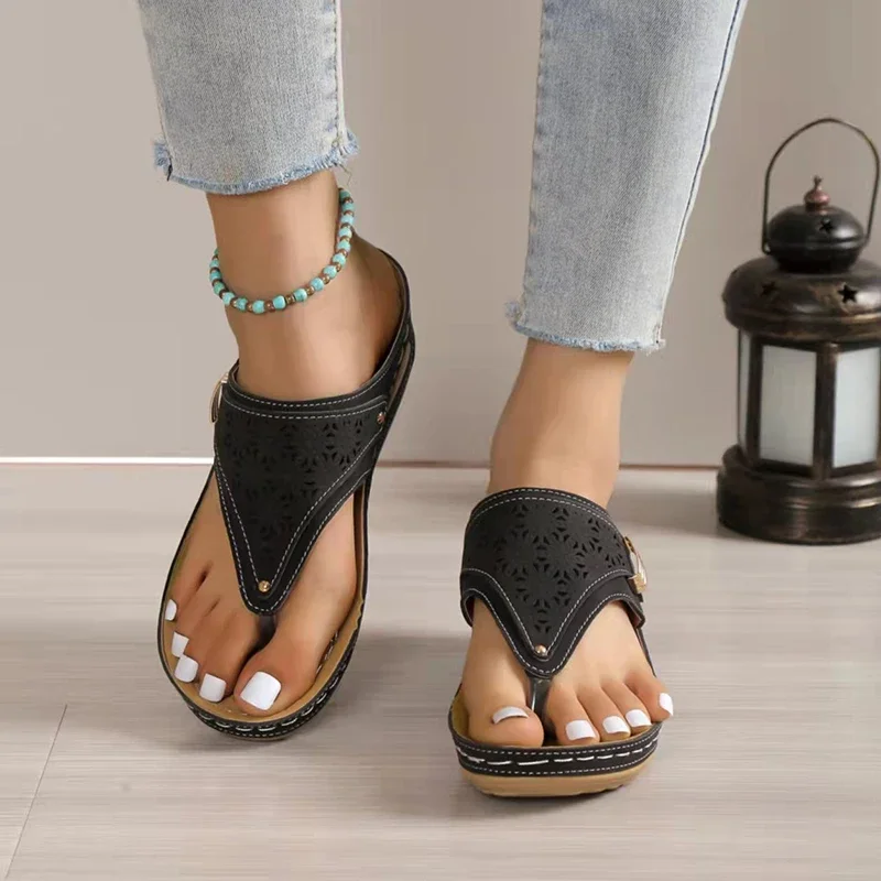 Summer Women's Wedge Sandals 2023 Clip Toe Orthopedic Arch Support Sandals Woman Pu Leather Non-Slip Soft Platform Flip Flops image 4