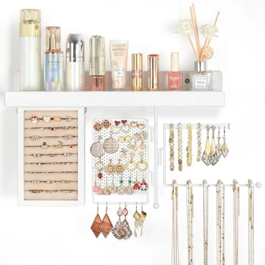 Hanging Jewelry Organizer Wall Mount with Rustic Wood Shelf, Ring Display Box, Ear Studs Earring Holder, Rotating Necklace Hold