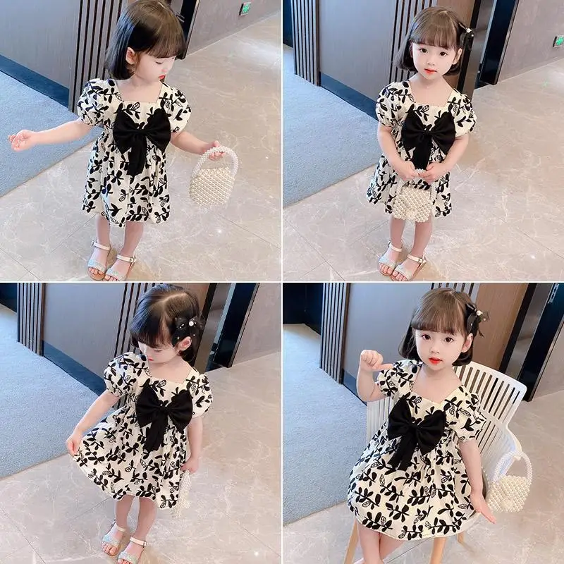 Baby Girls Dresses Summer Dresses Kids Sleeveless Cute Bow Leaf Print O-neck A-line Dress Summer Princess Dresses for Girls