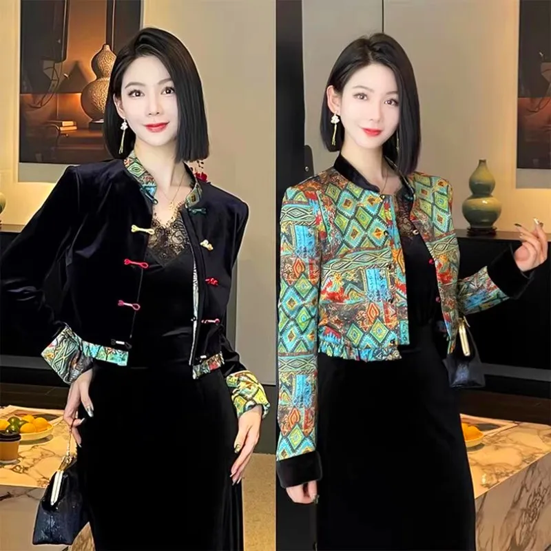 

2-сторонние новые женские пальто в стиле ретро с цветочным принтом, женские винтажные красочные Cheongsam на пуговицах, вечерние элегантные верхняя одежда для мам NZ204