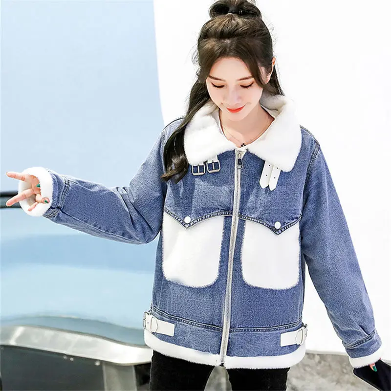 Lamb Wool Denim Jacket Women Overcoat  Autumn Winter 2024 New Thick Warm Parka Female Outwear Loose Elegant Cotton-Padded Jacket