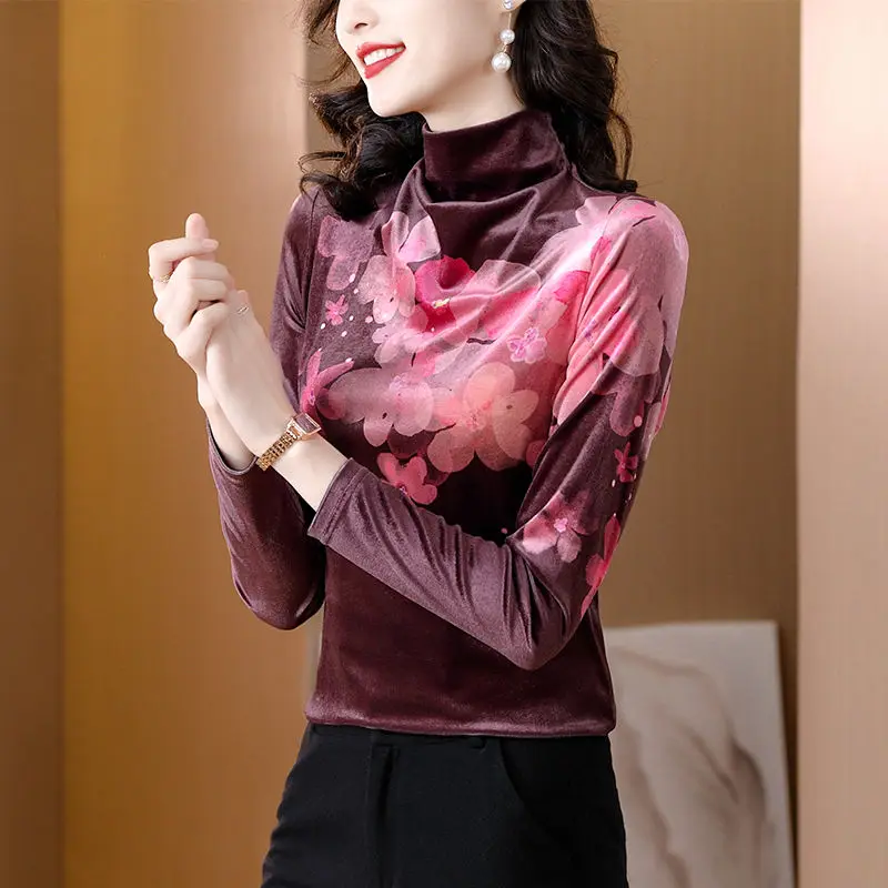 2023 New Fashion High-end Temperament Golden Velvet French Printed Western-style Women's Versatile Oversized Bottom Shirt