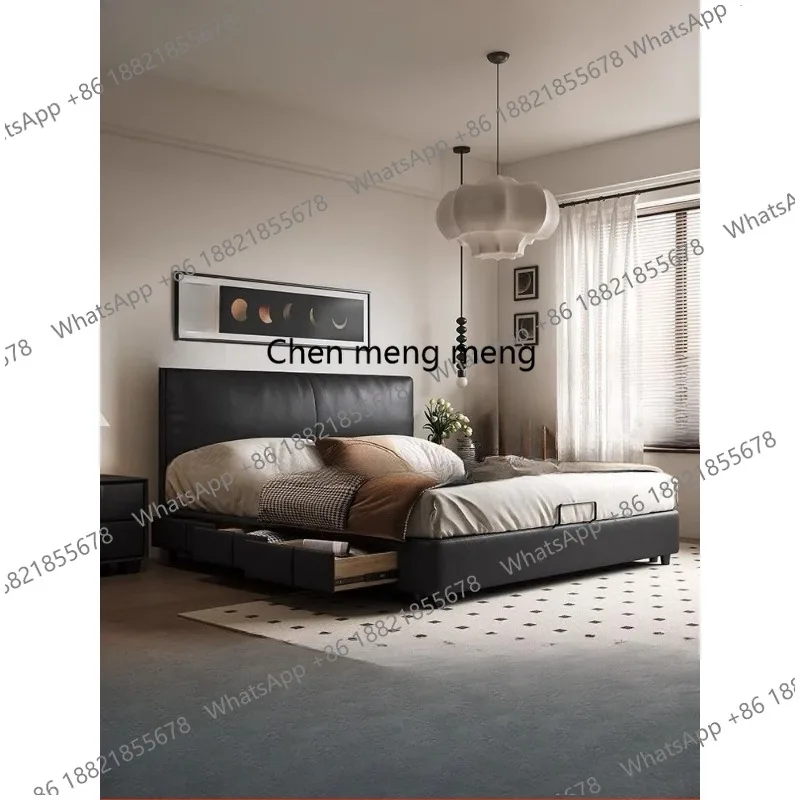 

Modern minimalist cream style master bedroom double bed high box storage Italian minimalist black leather bed