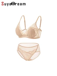 SuyaDream, Woman Lace Bra Set, 100%Real silk Linings, Thin Mold Cup, Wire Free Underwears, 2025 cozy Intimates, Nude,Black
