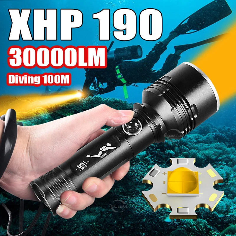 XHP190 Underwater Lantern Yellow Light 3 Modes Professional Diving Flashlight IPX8 Waterproof Underwater Searchlight Scuba Lamp