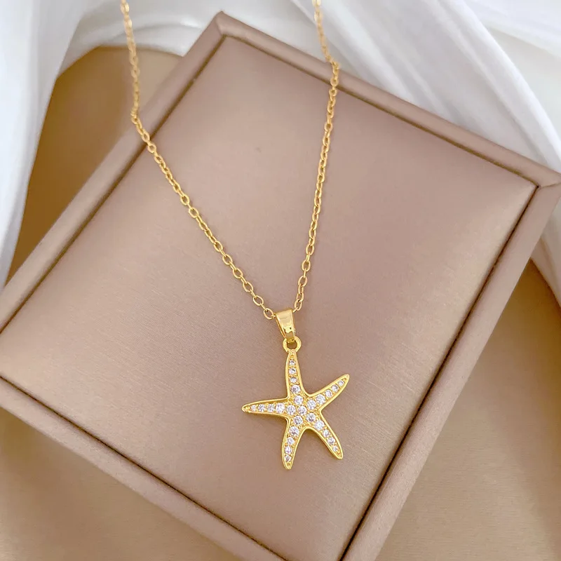 Fashion Simple Marine Life Starfish Zircon Pendant Necklaces for Women Stainless Steel Jewelry Accessories Gifts for Lover