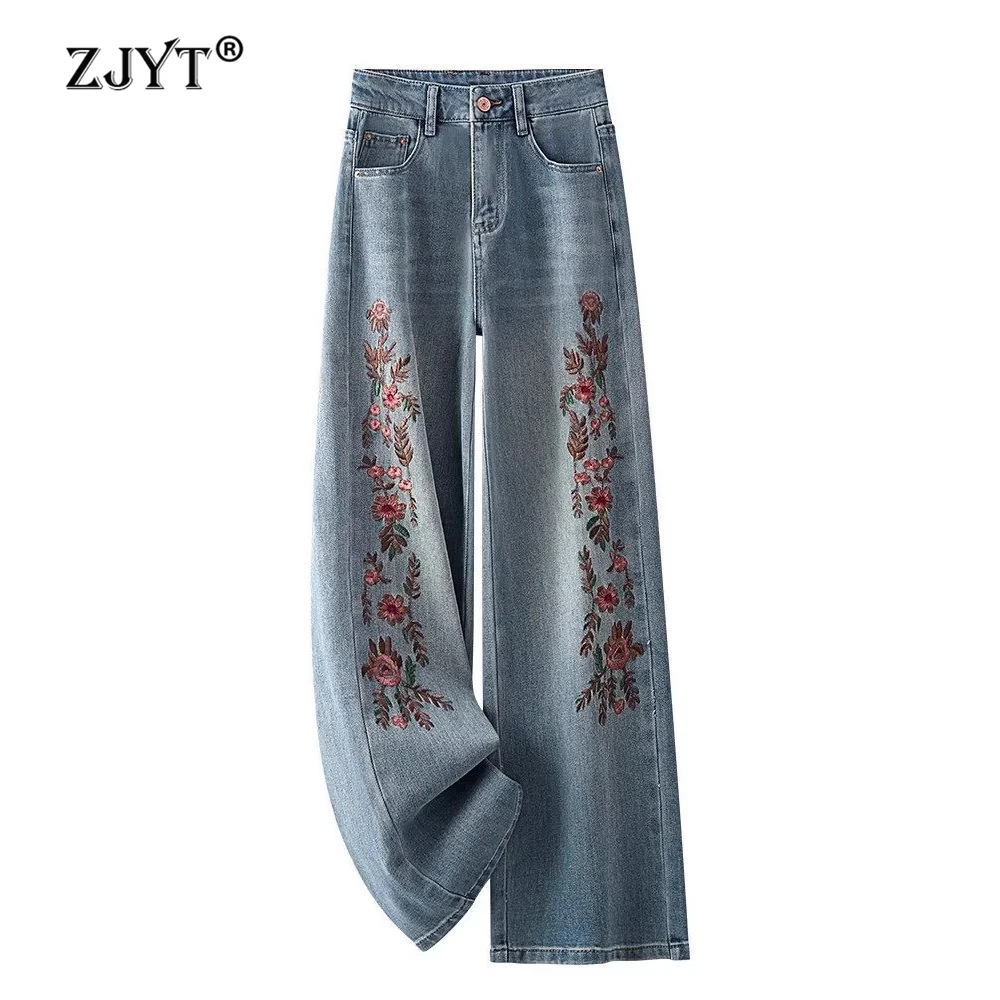 

Джинсы женские свободного кроя ZJYT, весна 2026, модные, элегантные, повседневные, с цветочной вышивкой, синие, винтажные