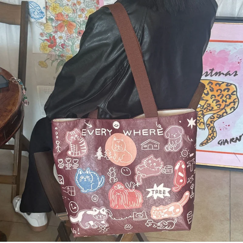 

Foldable Cat Cartoon Print Tote Bag Magnetic Snap Large Capacity Shoulder Bag Cute Double-sided Daily Commute Shopping Handbag
