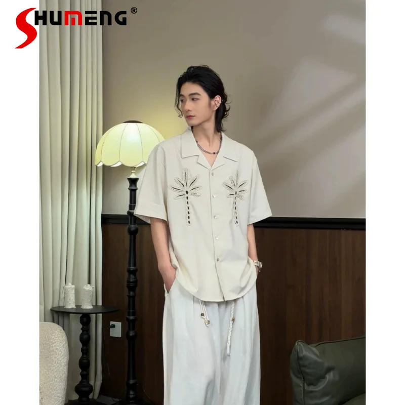

Men's 2026 Summer New Fashion Embroidered Flower Tops Loose Comfort Versatile Shirts Short Sleeve Color Matching Handsome Shirts