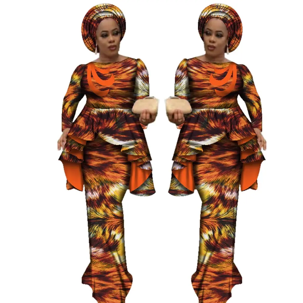 Africa Style Bazin Riche Dresses for Women Two Pieces Set Women Long Sleeve Tops and Long African Print Skirt Plus Size WY2488