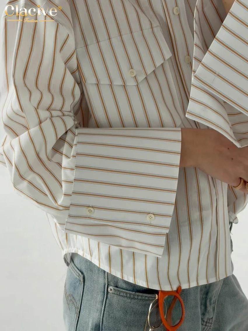 Clacive موضة فضفاض شريط طباعة قميص نسائي 2026 التلبيب عادية كم طويل بلوزة حريمي أنيقة الكلاسيكية ملابس نسائية #4