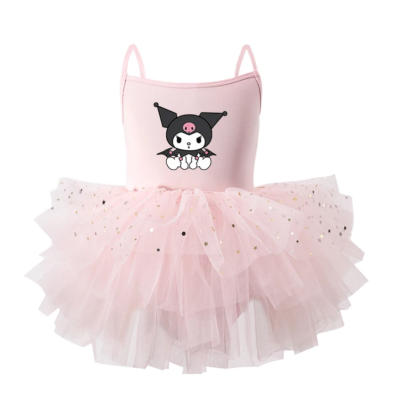 Anime Kawaii Hello Kitty Kuromi My Melody Girls Summer Sleeveless Dress Sanrios Children Princess Ballet Shiny Fluffy Mesh Skirt