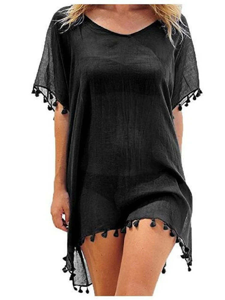 2024 Chiffon Tassels Beach Wear Women Swimsuit Cover Up Swimwear Bathing Suits Summer Mini Dress Loose Solid Pareo Cover Ups