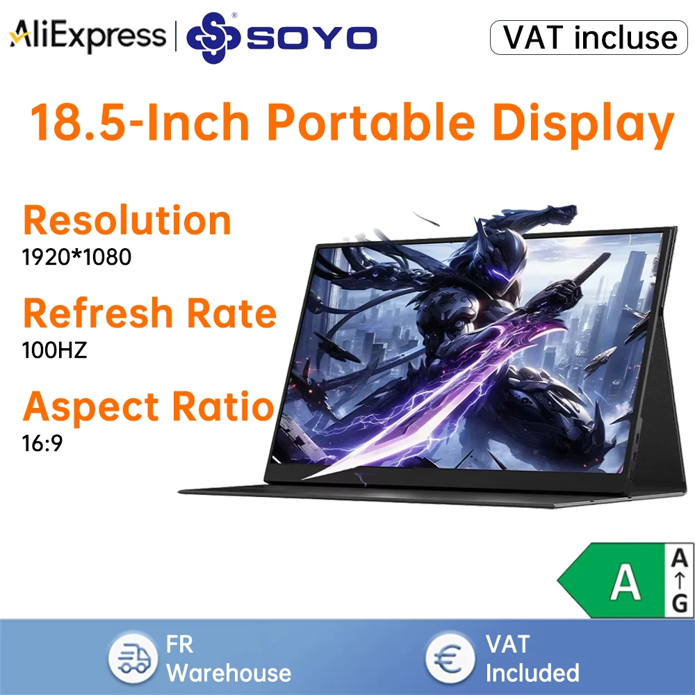SOYO Moniteur de jeu portable IPS FHD 1920x1080 pixels, 18,5 pouces, SY18FN100, 100Hz, rapport de taille 16:9, boîtier intégré, écran externe HDMI USB C pour PC Xbox PS5