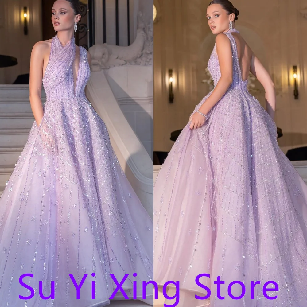 Customized Exquisite Purple  Homecoming Dress Sparkly Crew Neck V-Neck Tiered Crystal Backless  Customized Vestido De Festa
