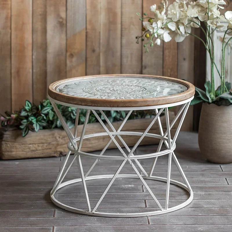 Almacenamiento de hierro forjado antiguo retro francés, mesa redonda pequeña, sala de estar, dormitorio, almacenamiento, café pequeño