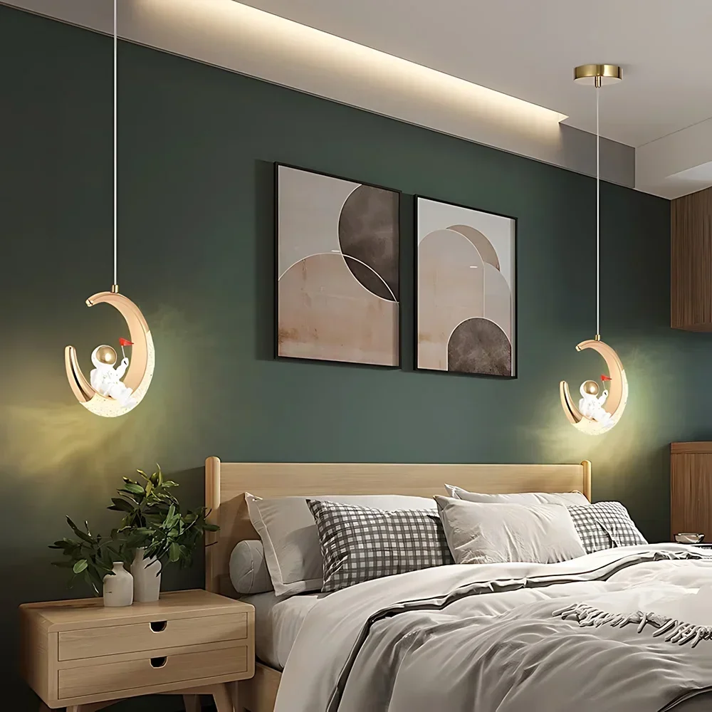SANDYHA Modern Astronaut Chandelier Moon Lamp Luxury Cartoon Night Light Unique Kids Room Decor Bedside Bedroom Gift