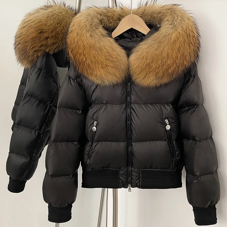 

Hooded Winter Real Fur White Duck Down Coat Women Big Natural Raccoon Fur Fluffy Puffer Jacket Cuff Real Fur Collar Top Jacket