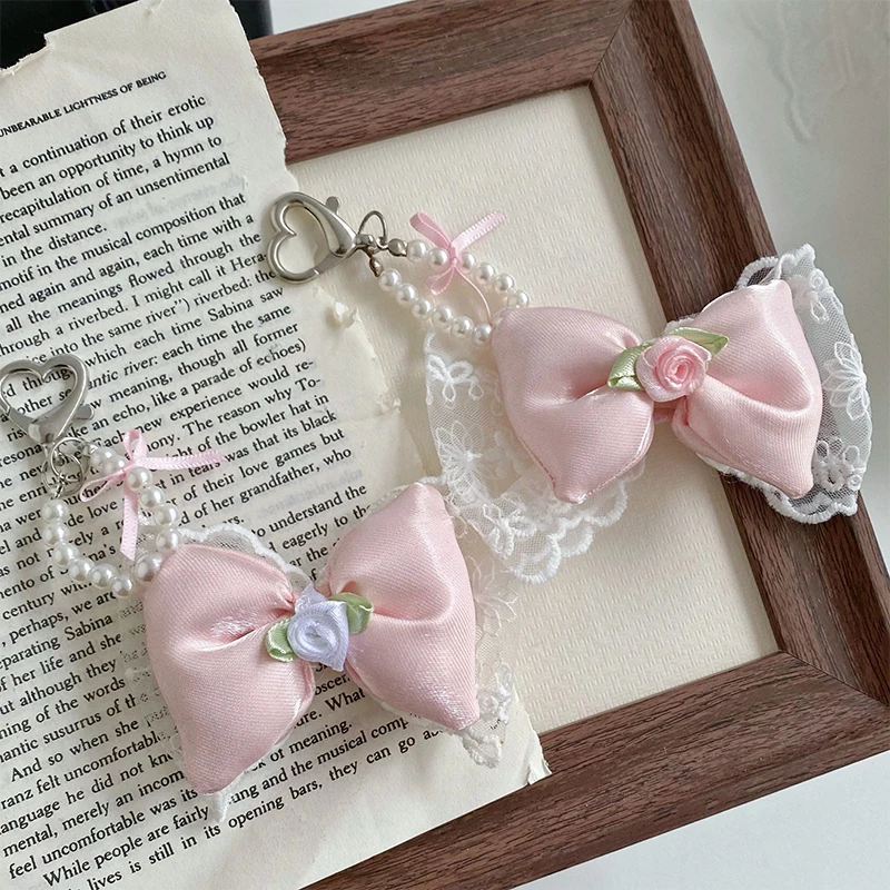 Cute Korean Version Fabric Lace Bow Bag Charm Keychain Fresh Sweet Girl Bow Car Key Pendant Y2K Backpack Decoration Accessories