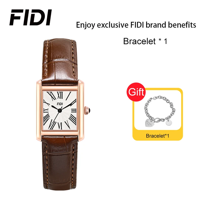 FIDI Women's Quartz Square Watch White Wave Pattern Dial Roman Numerals Leather Strap 30M Water Resistance Elegant Gifts FD112