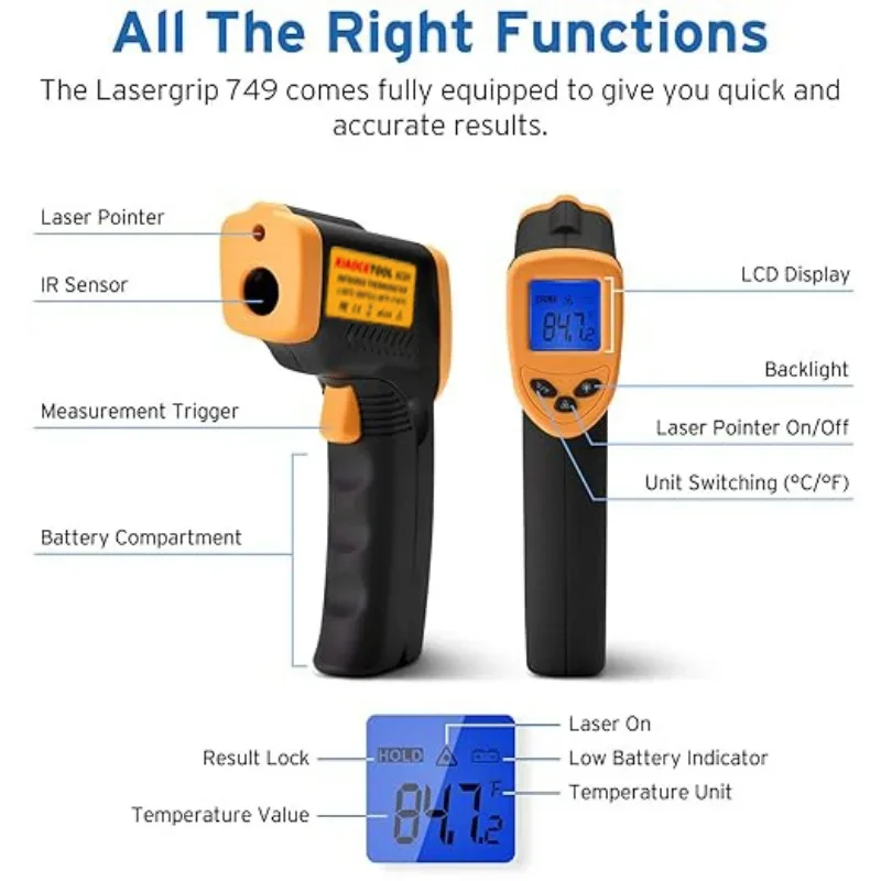 Digital Thermometer Non-contact industrial Infrared Laser LCD Color Screen Kitchen Thermometer Temperature Gun Tester