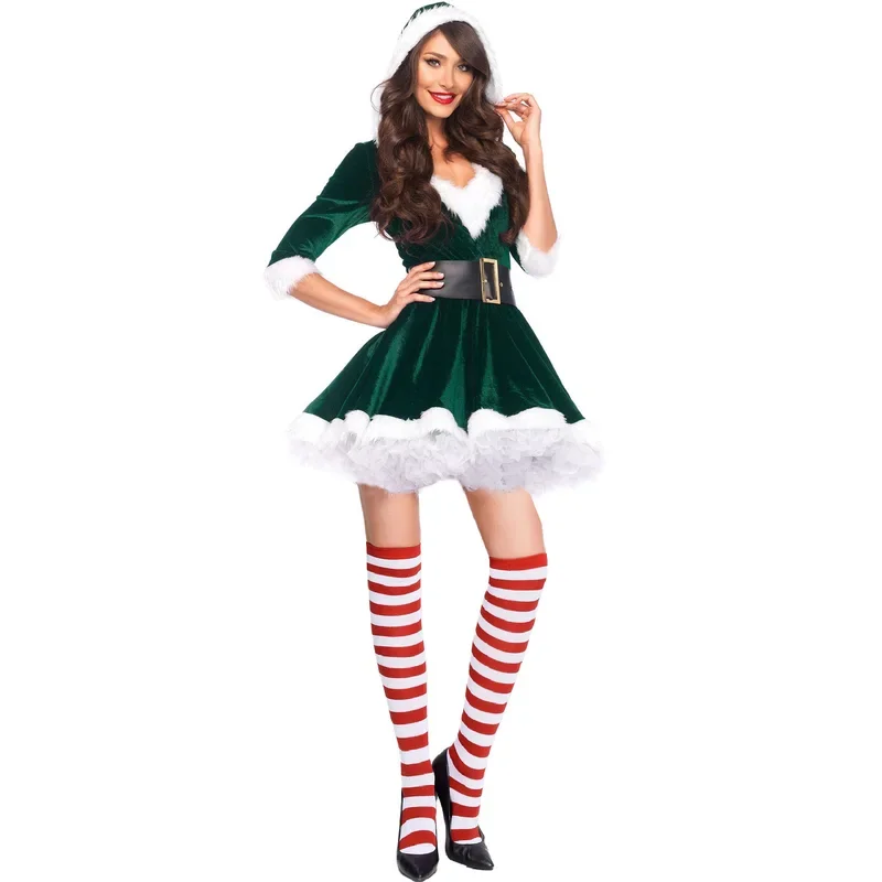 Uomo Donna Natale Babbo Natale Costume Cosplay Dolce Coppia Babbo Natale Uniforme Abito da elfo verde Inverno Vestito operato sexy per le donne