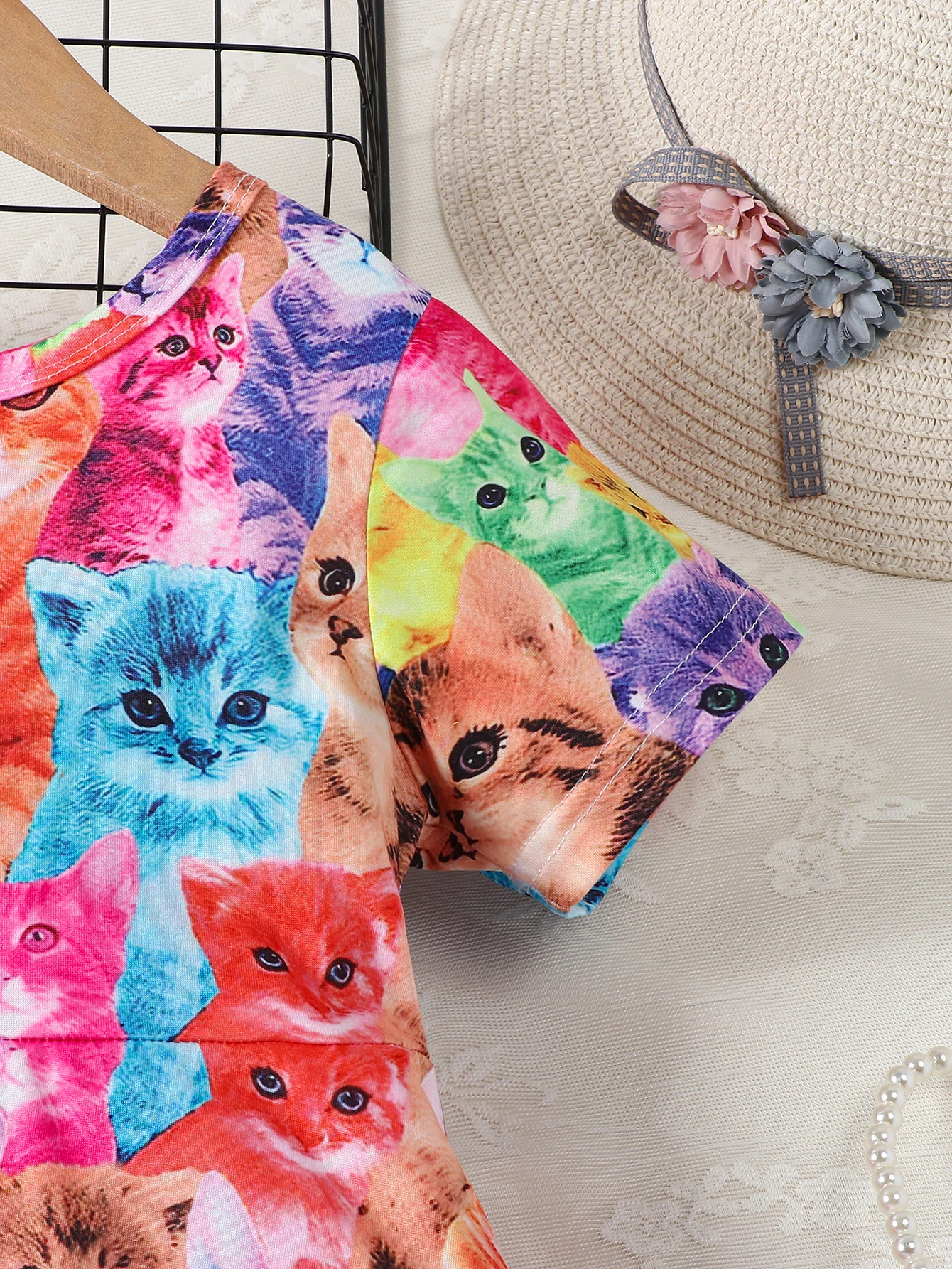 Cute and fashionable multi colored cat printed round neck short sleeved waist casual dress for girls