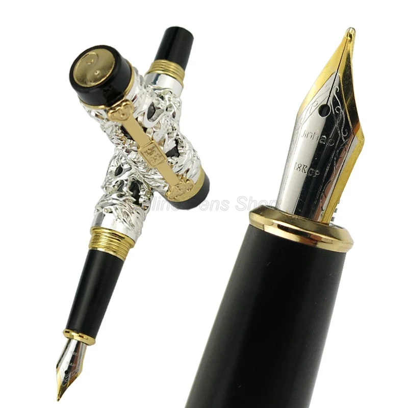 

Jinhao Great Dragon Phoenix Fountain Pen, Metal Carving Embossing Heavy Pen, Golden & Silver For Business Gift Pen