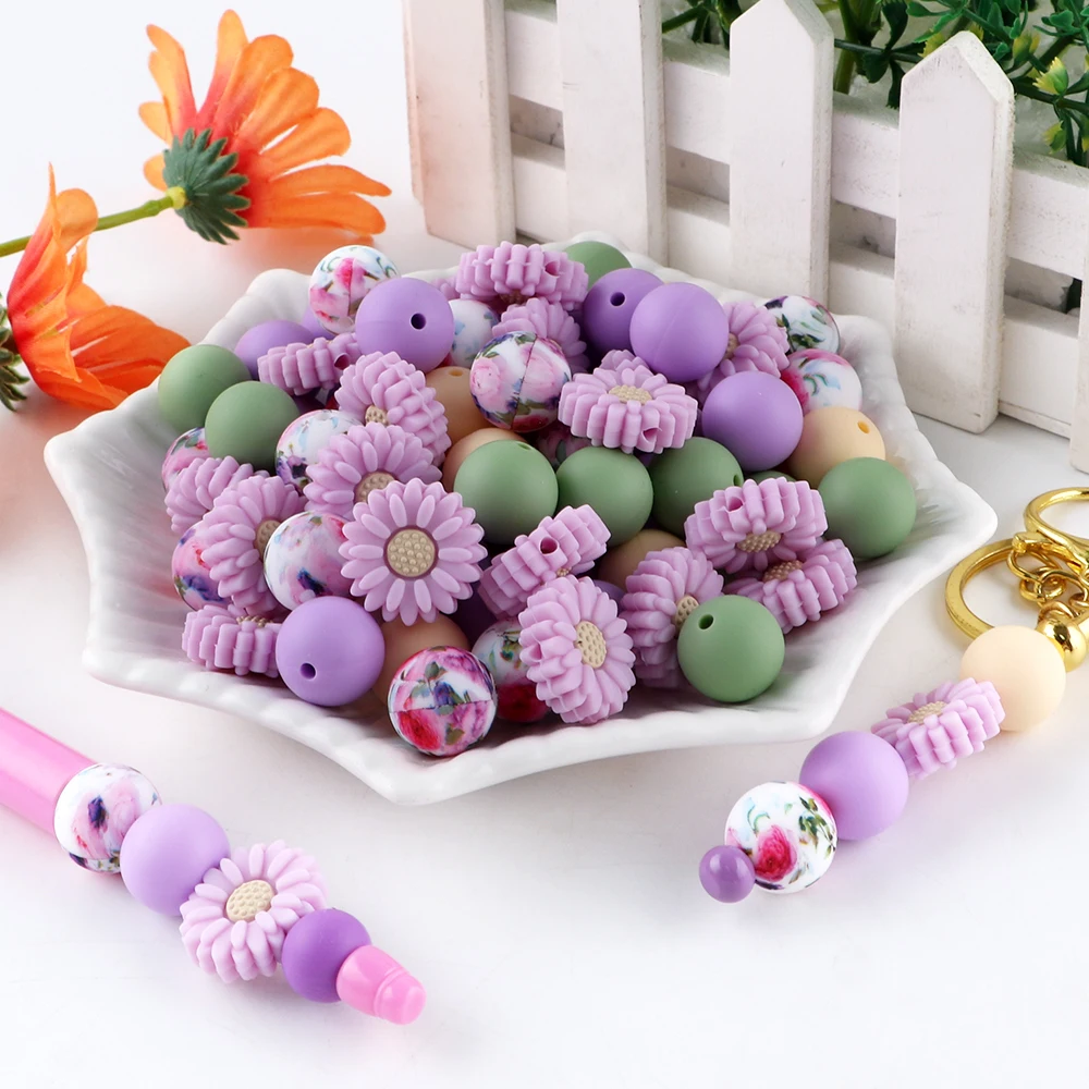 

30pcs/Lot Silicone Daisy/15mm Printing Round Bead Mixed Set For DIY Jewelry Bracelet Necklace Earrings Etc Handmade Accessories