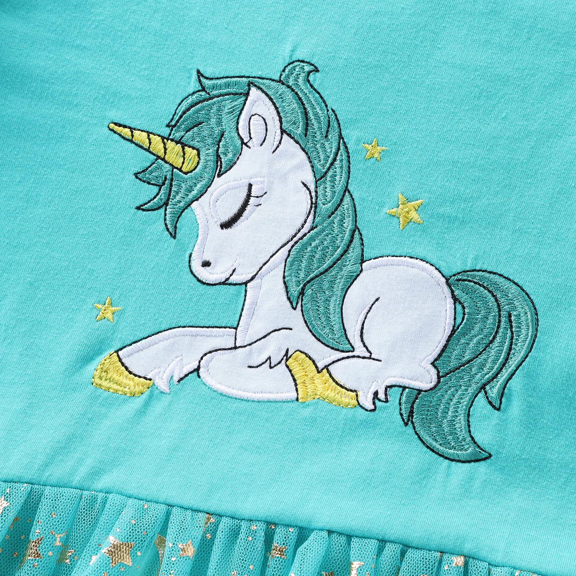 Mädchen Herbst Neue Baumwolle bestickt Cartoon Einhorn Mesh Kleid – Detail 11