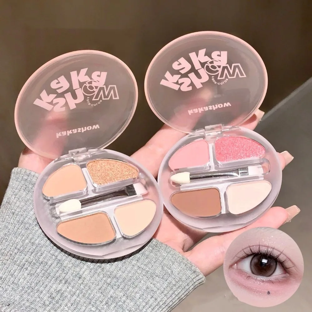 Paleta de sombra de ojos mate brillante de 4 colores, pigmento de brillo rosa desnudo, paleta de maquillaje duradera resistente al agua con pincel