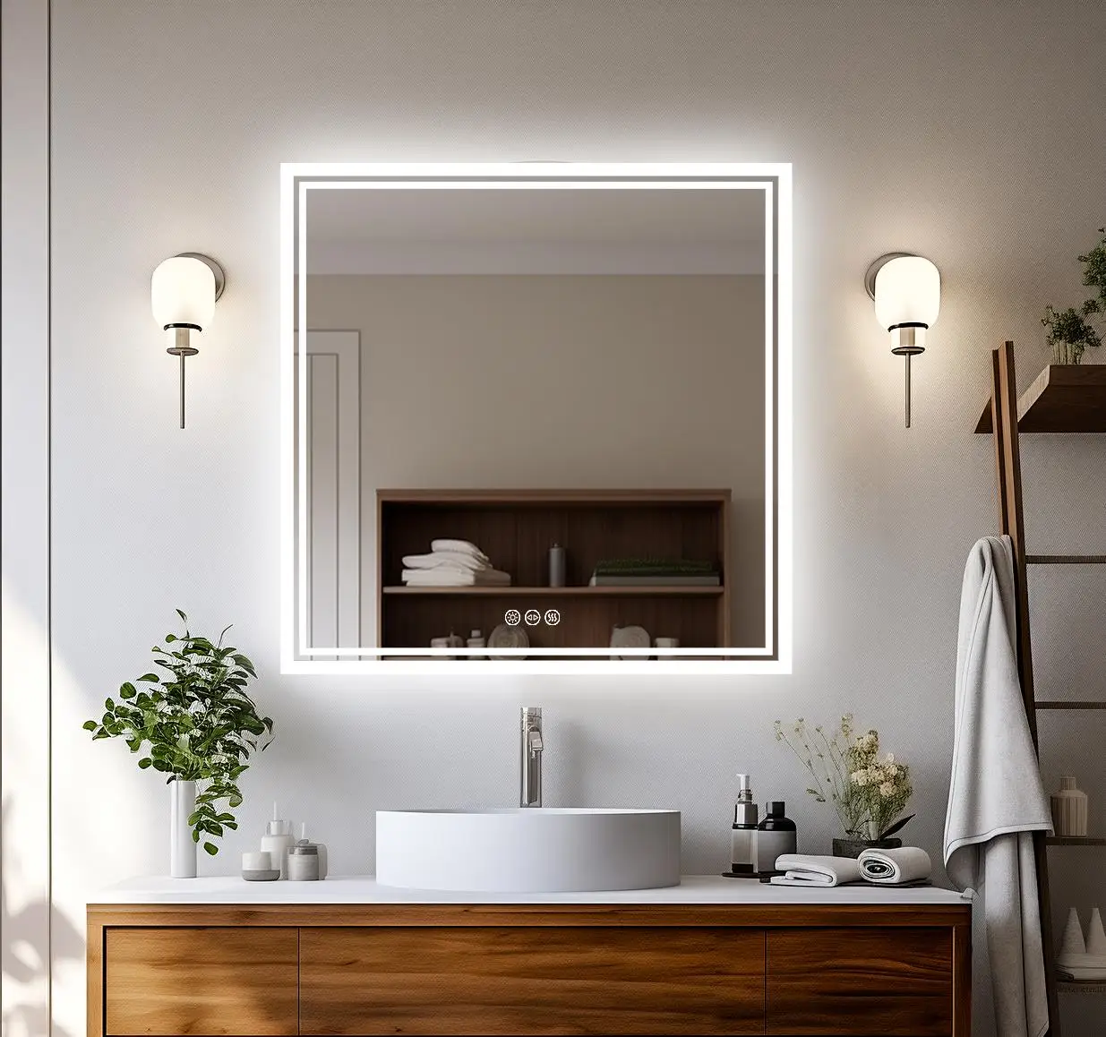 Square Backlit LED Mirror Dimmable Illuminated Bathroom Vanity Mirrors Anti-fog 3500K-6500K Smart Memory