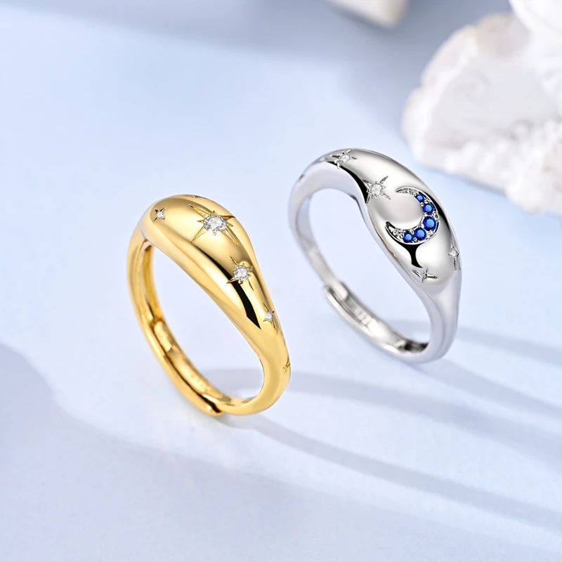 Women's 925 Sterling Silver Wave Star and Moon Open Ring