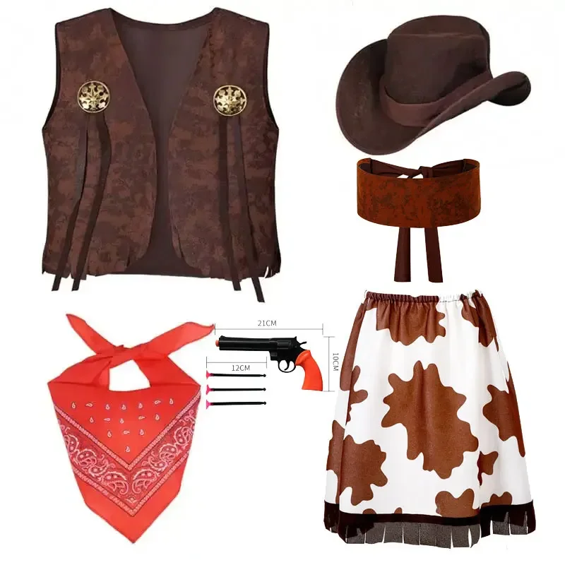 Girls Cowgirl Costume Set With Hat Vest Bandana Skirts Belts Waistcoats Halloween Costume For School Party Cosplay