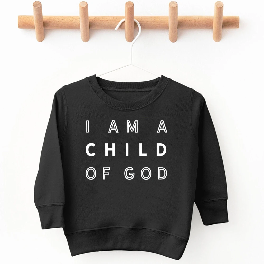 I AM A CHILD OF GOD Letter Print Boys Pullover Hooded Long Sleeve Sweatshirt  Casual Loose Top Spring Fall Kids Outdoor Clothing