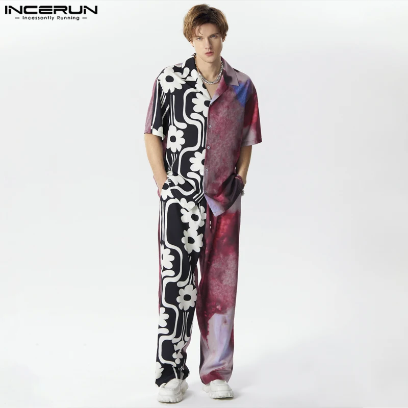 

INCERUN 2024 American Style Men Sets Personality Printing Splicing Short Sleeved Shirts Pants Handsome Male Two-piece Sets S-5XL