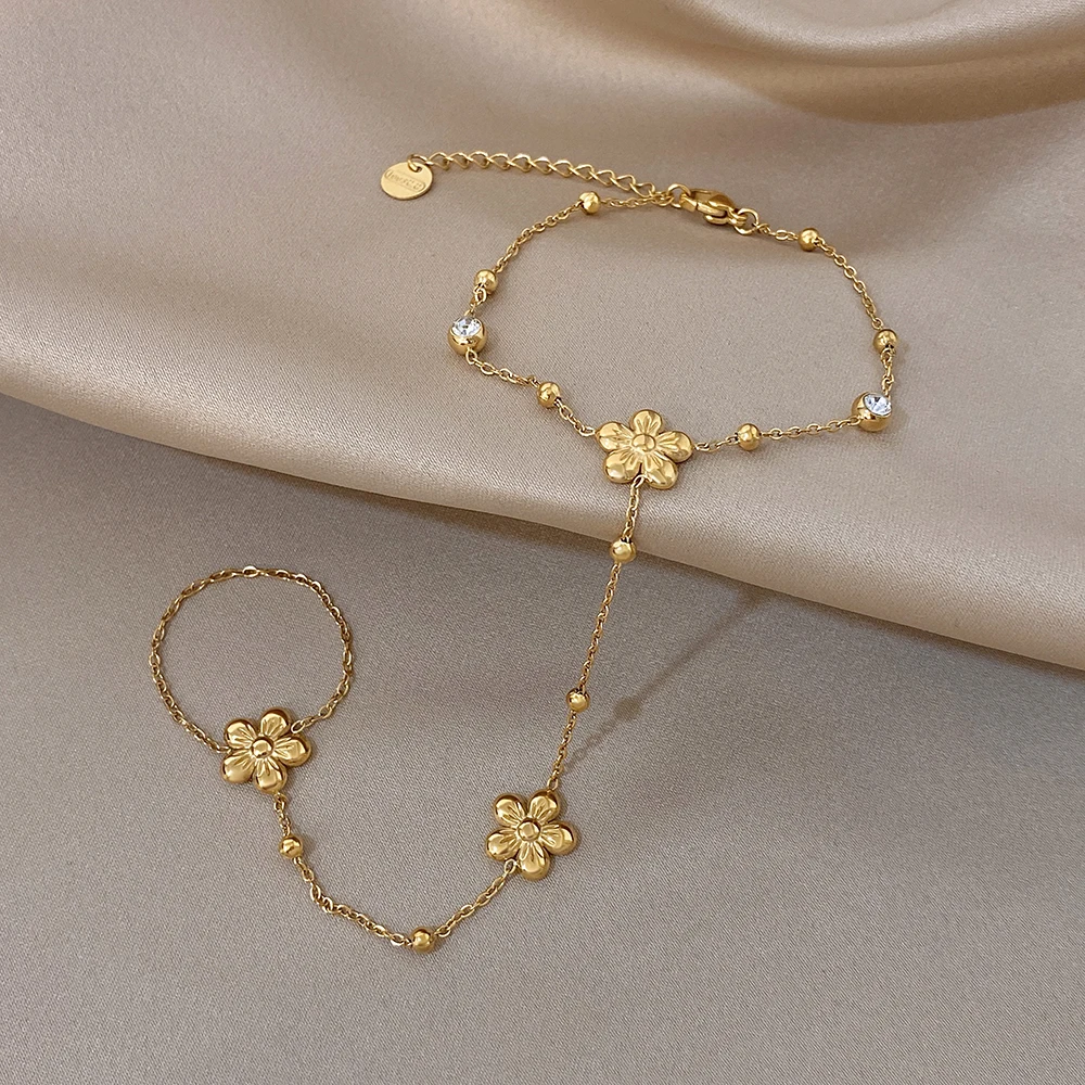 AENSOA Damen Edelstahl Minimalistischer Blumenstil Handrücken-Kette Finger Zierlicher Zirkon Ring Armband Geburtstagsgeschenk – Detail 4