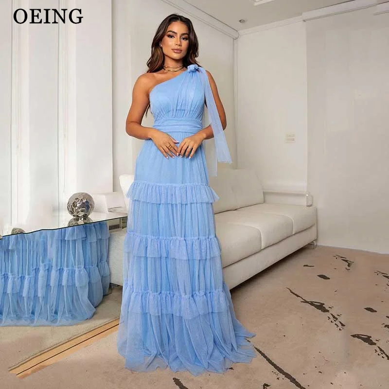 OEING Elegant Sky Blue Tulle Prom Evening Dresses Women One-Shoulder Tiered Bow Straps Long Formal Occasion Wedding Party Dress