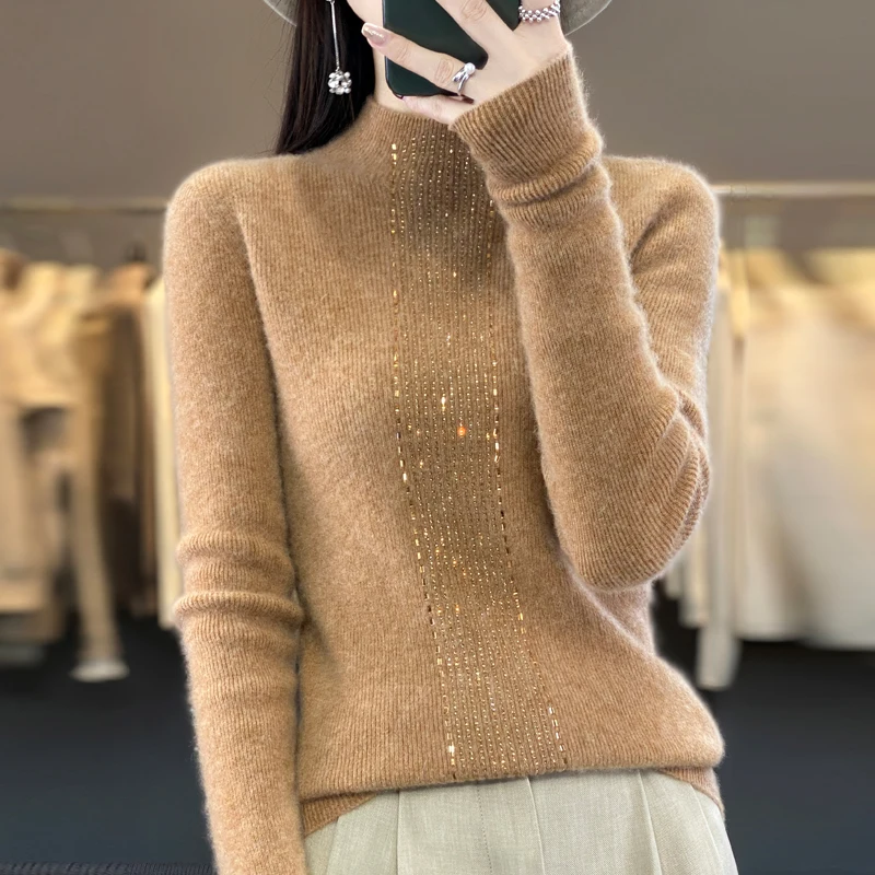 Fall/winter new 100% pure wool fashion rhinestone loose cashmere sweater explosion top semi-high collar bottoming shirt.