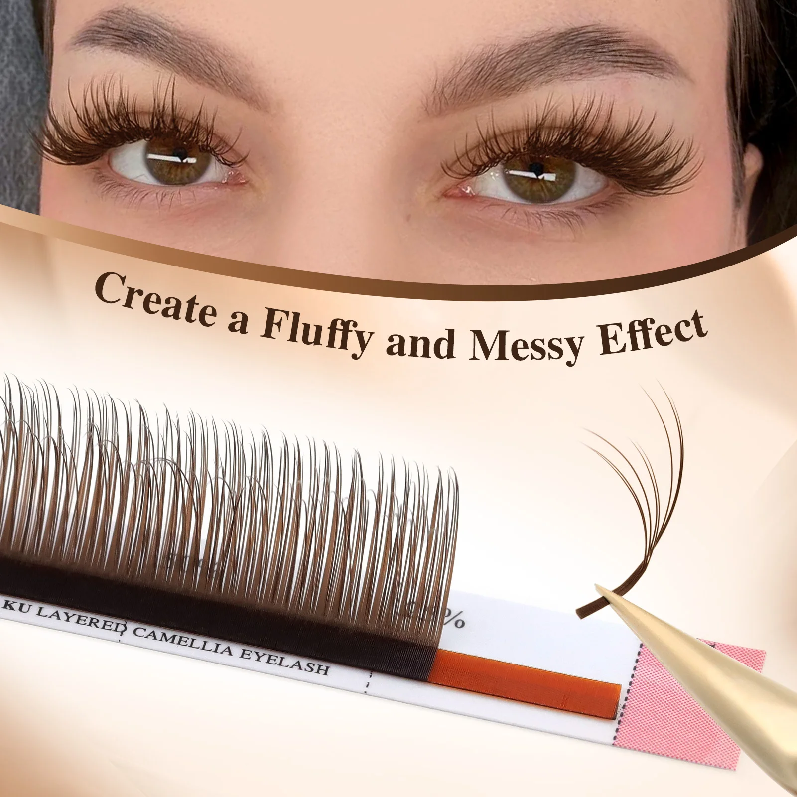 NAGARAKU Dunkelbraune geschichtete Kamelien-Wimpernverlängerungen, vorgefertigte Fächer, Wispy Volume, Fluffy LB LC LD M Volume Wimpernverlängerung – Detail 6
