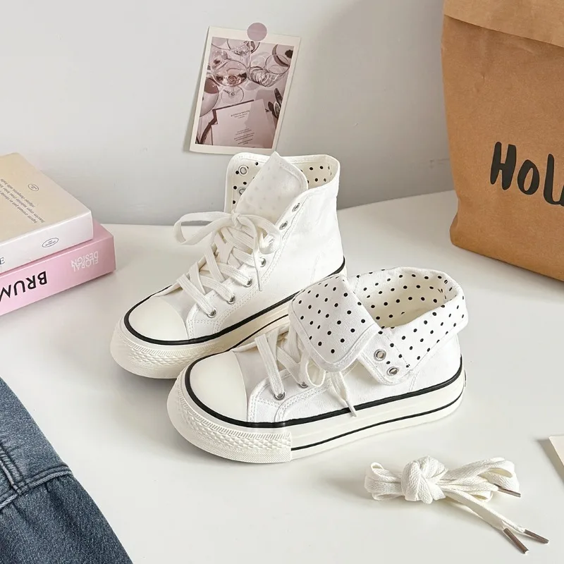 Women's High Top Platform Canvas Sneakers Polka Dot Foldable Collar Lace Up Breathable Korean Style Casual Shoes Fall 2026 view 2