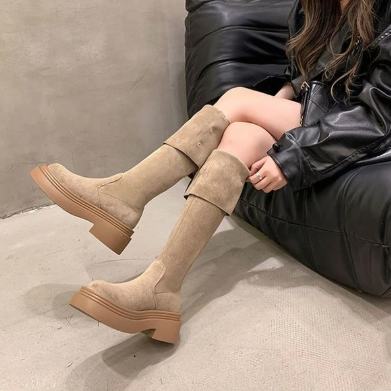 Thick Sole Suede Leather Women's Boots New 2025 Autumn Winter Vintage Foldable Over The Knee Rider Boots Chunky Heel