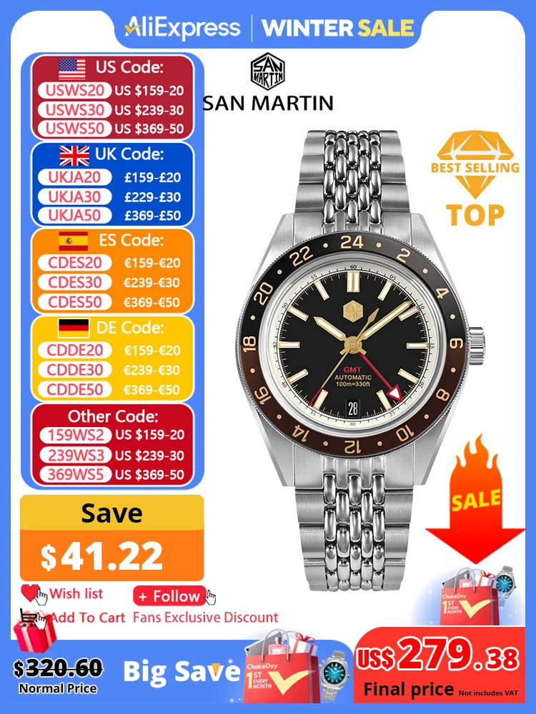 San Martin nuevo 39,5mm NH34 GMT reloj para hombre bisel de aluminio bidireccional zafiro mecánico automático de lujo 10Bar luminoso SN0116