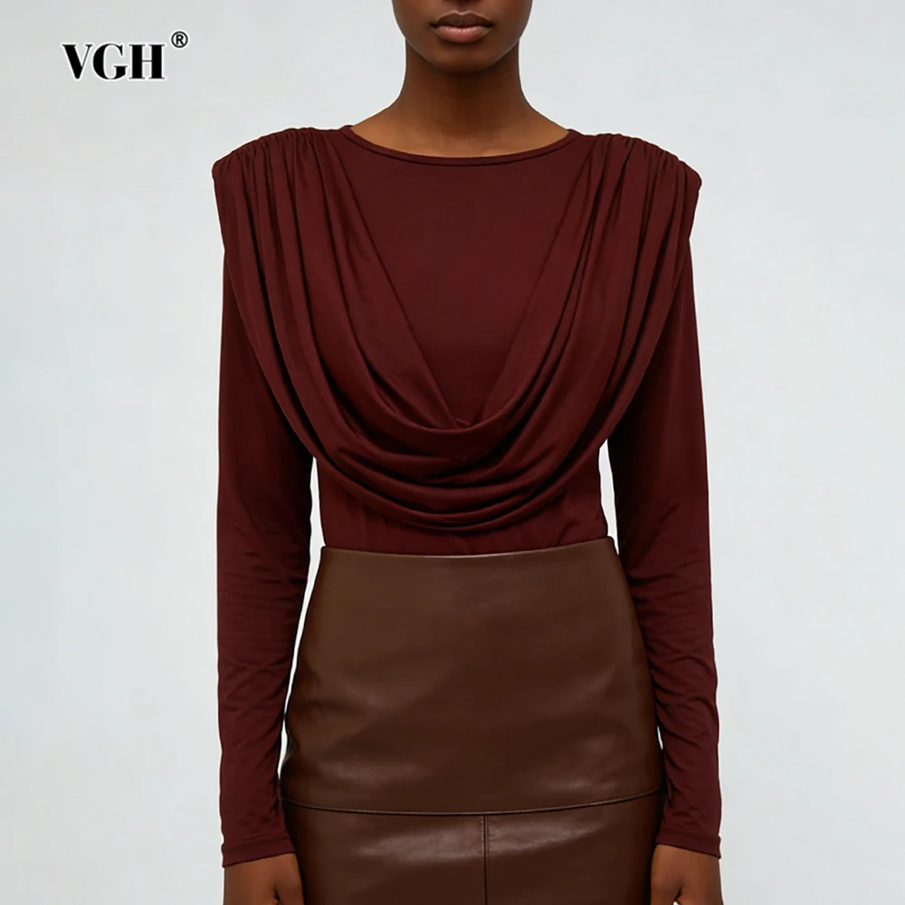 

VGH Solid Slimming Confortable Elegant T Shirts For Women Round Neck Long Sleeve Temperament Commute Folds Top Female Fashion