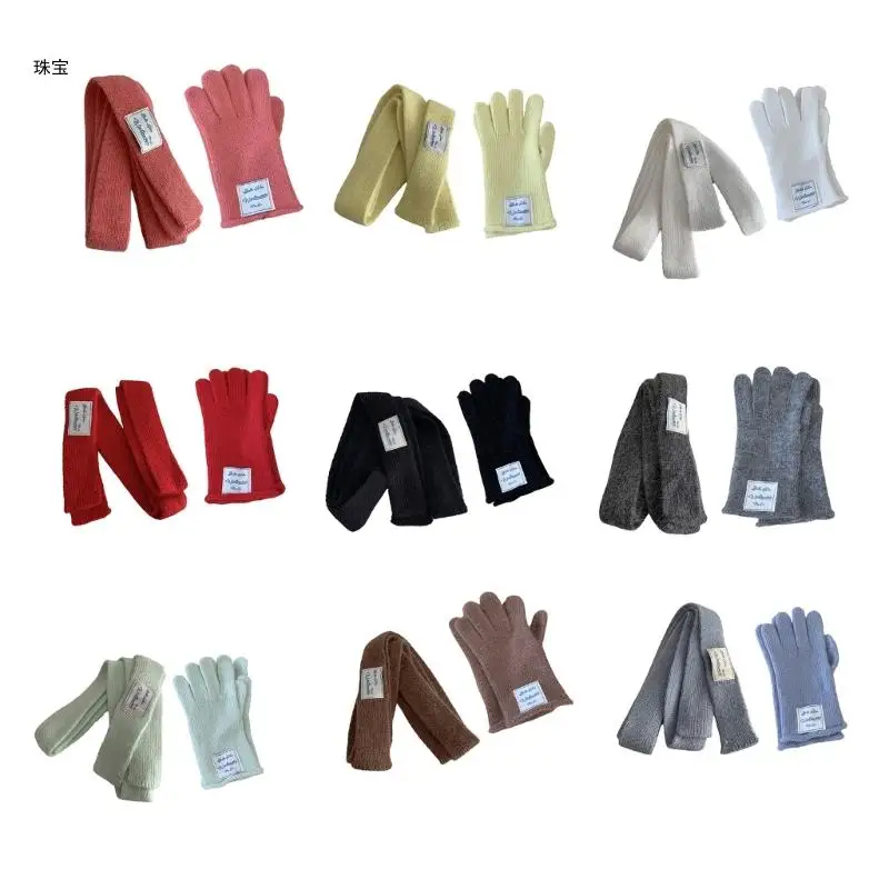 X5QE Scarf Gloves Set Thickened Knitted Neck Scarf Unisex Warm Gloves Trendy Scarf