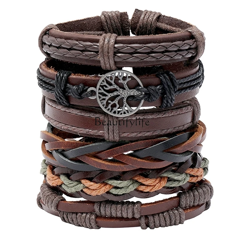 Six-Piece Men's Fashion Bracelet European and American Leather Rope Braided Leather Bracelet Suit