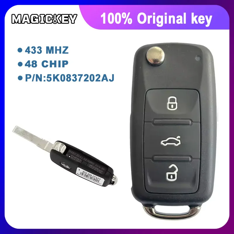 

Original Remote Key Keyless Entry Fob 3 Button 434MHZ For VW FOR Volkswagen 5K0837202AJ 5K0 837 202 AJ With ID48 Chip